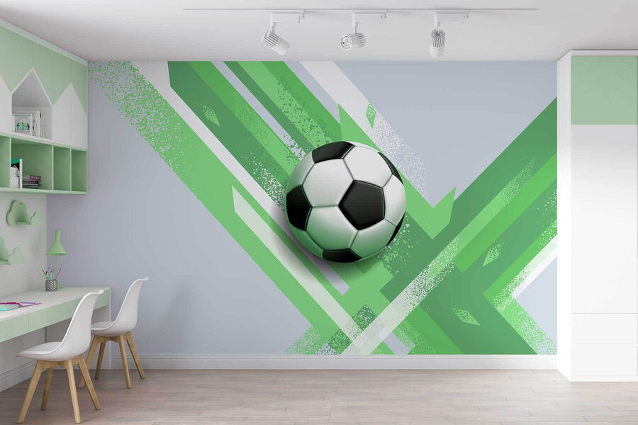 Balón de fútbol sobre fondo verde y blanco