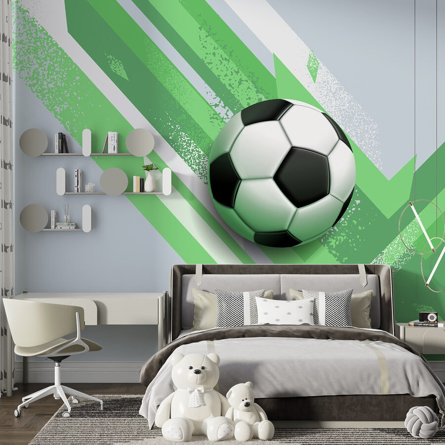Balón de fútbol sobre fondo verde y blanco