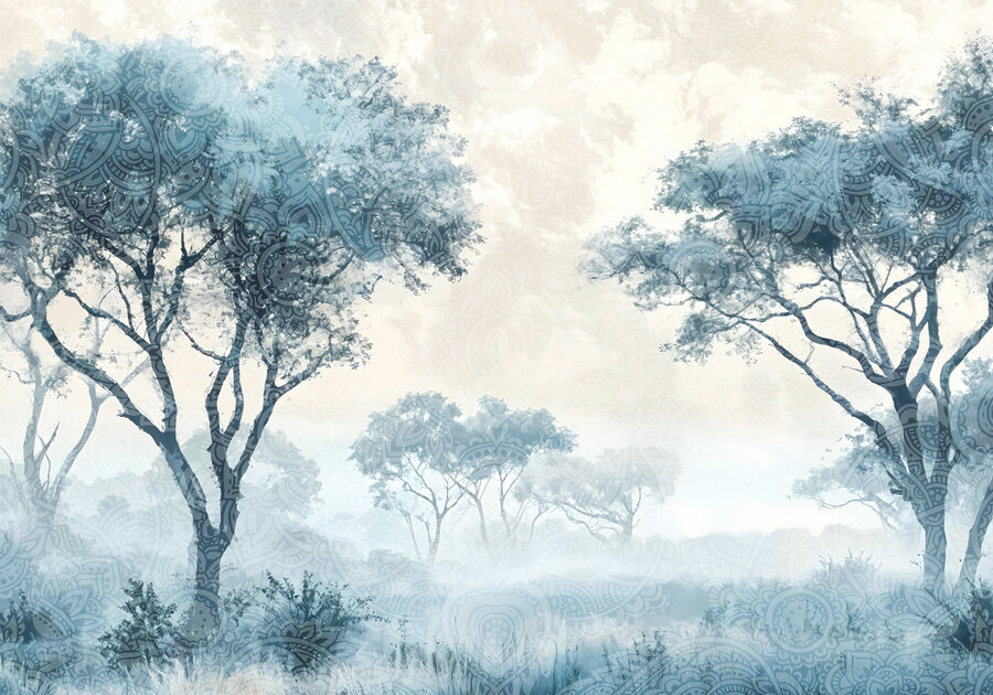 Paisaje brumoso con árboles y plantas