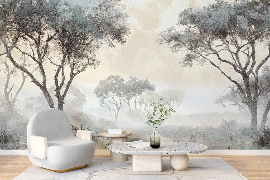 Foggy landscape with trees and plants