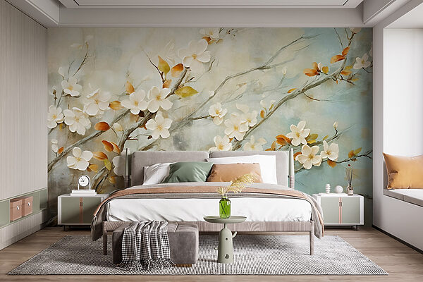 Painting of a branch with white flowers Painting of a branch with white flowers