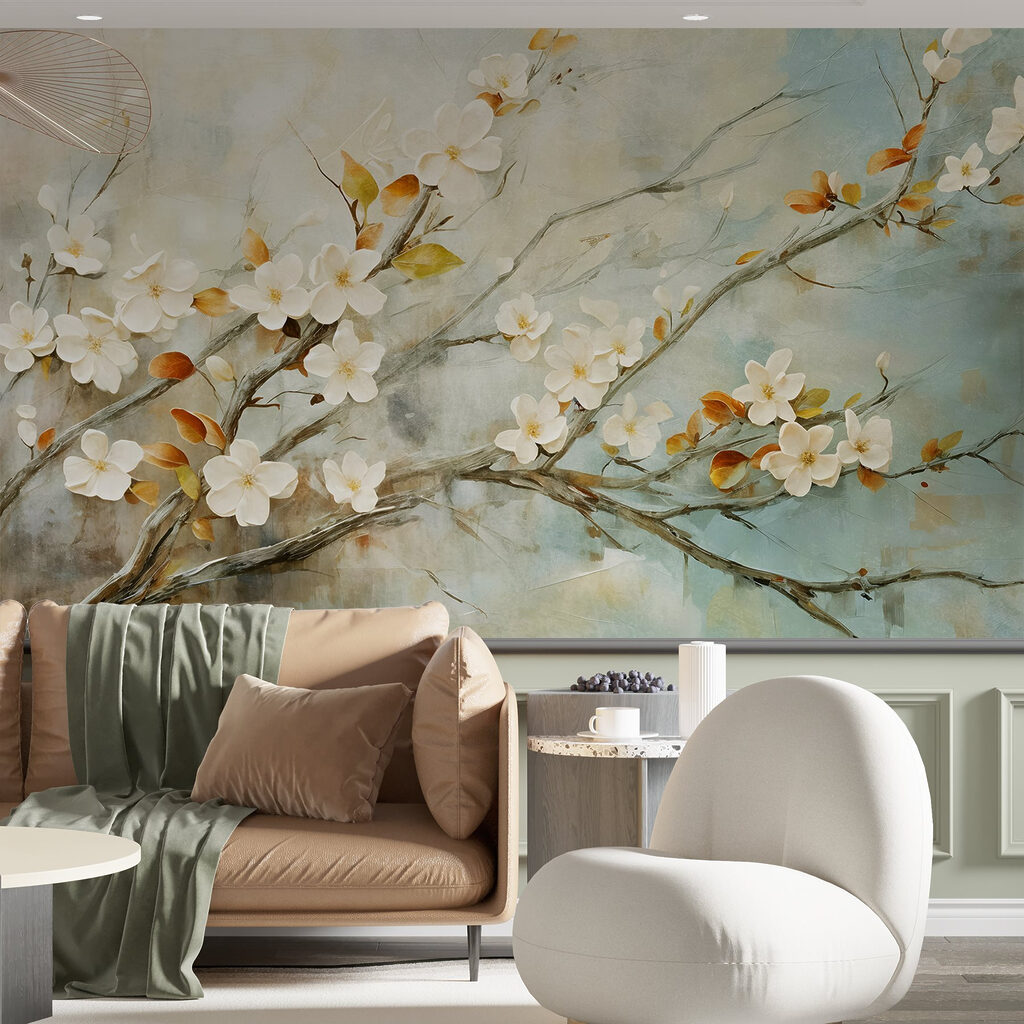 Painting of a branch with white flowers Painting of a branch with white flowers