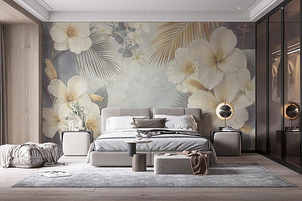 Fotomurales Flores y hojas blancas