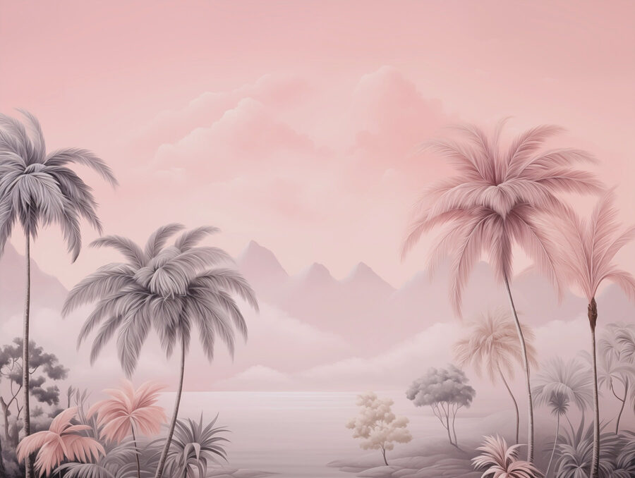 Paisaje con palmeras y montañas