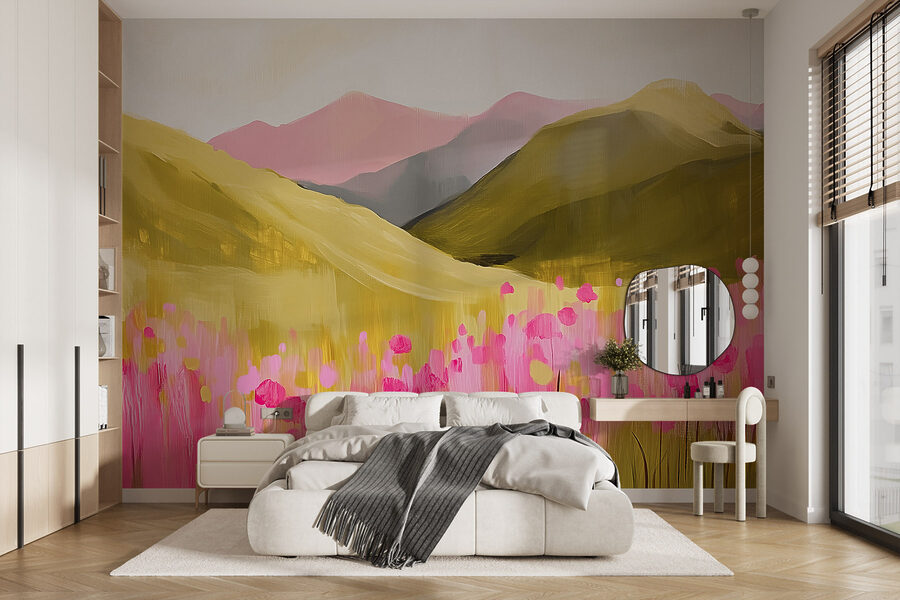 Pintura de un campo de flores rosas