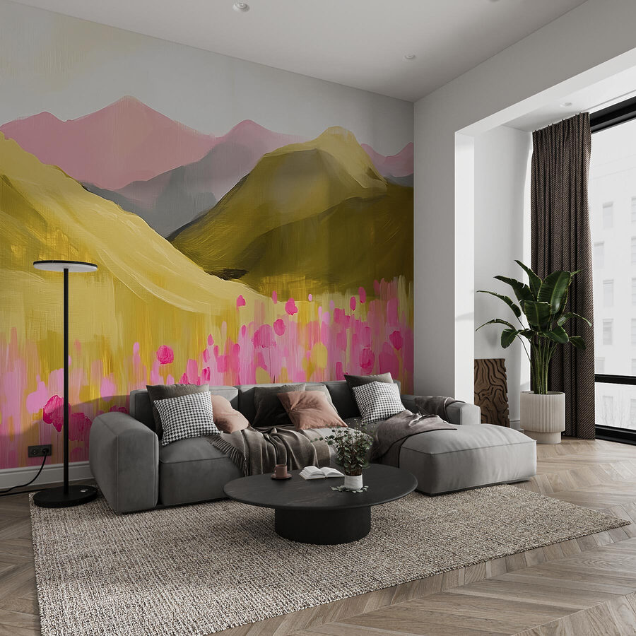 Pintura de un campo de flores rosas