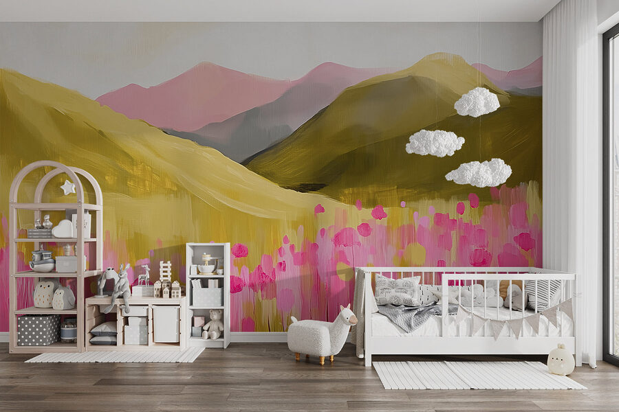 Pintura de un campo de flores rosas