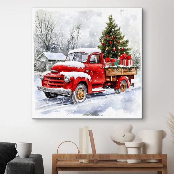 Red truck with a christmas tree on the back