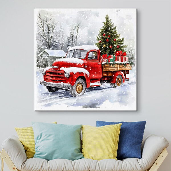 Red truck with a christmas tree on the back