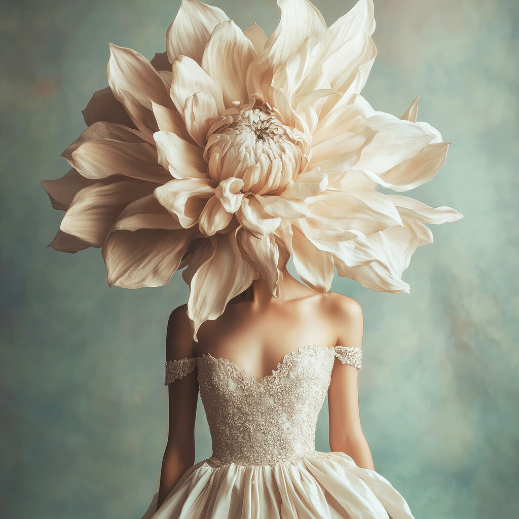 Woman wearing a dress with a large flower on her head