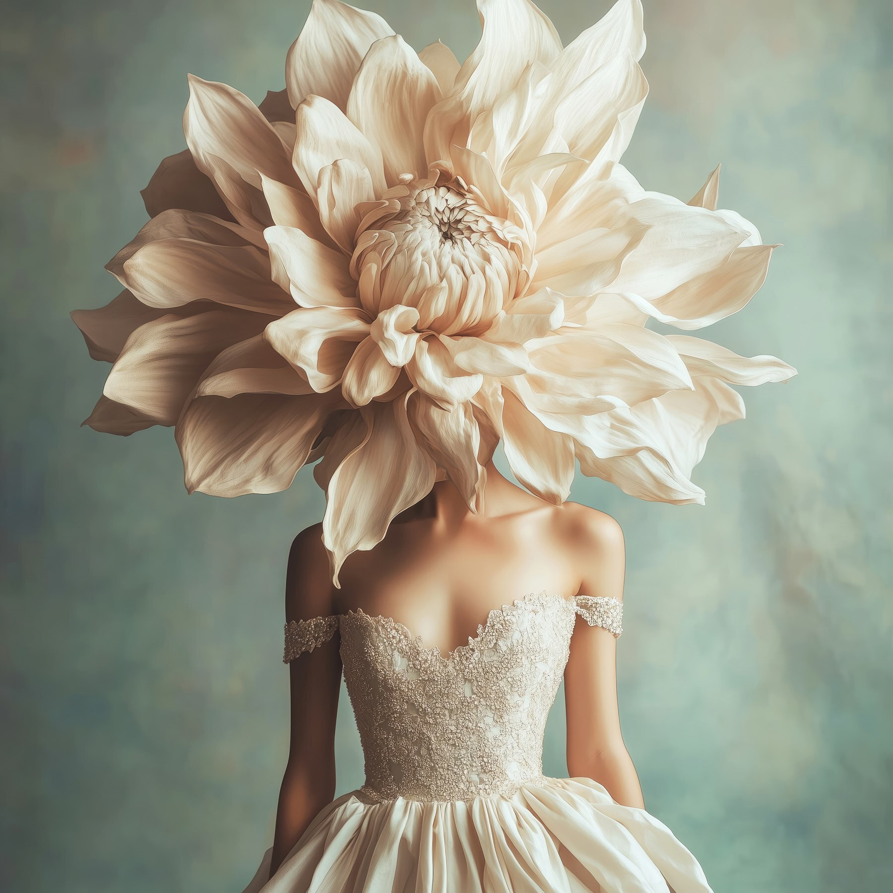 Woman wearing a dress with a large flower on her head