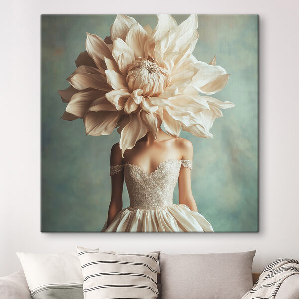 Woman wearing a dress with a large flower on her head
