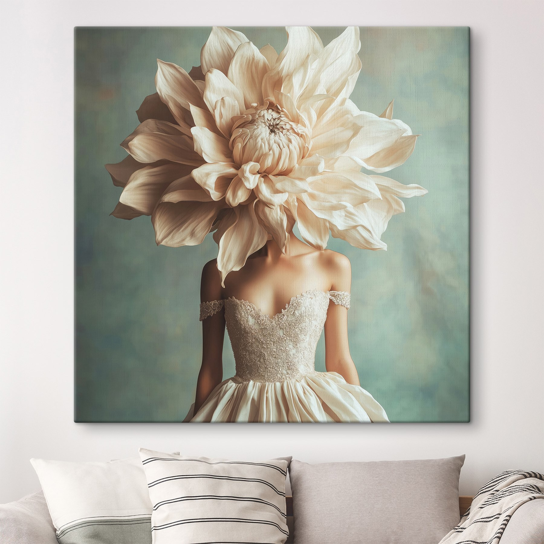 Woman wearing a dress with a large flower on her head