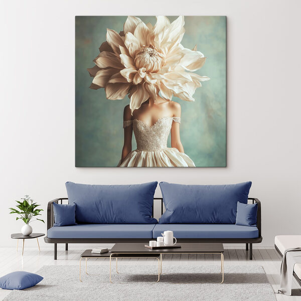 Woman wearing a dress with a large flower on her head