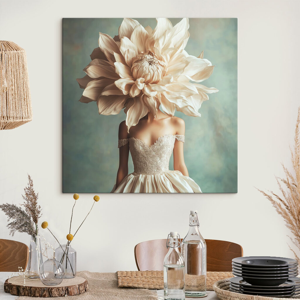 Woman wearing a dress with a large flower on her head