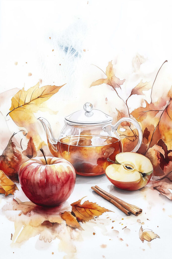 Watercolor painting of a teapot and apples Watercolor painting of a teapot and apples