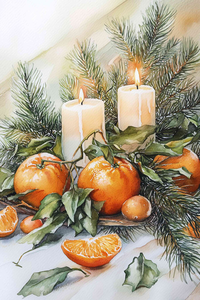 Watercolor painting of oranges and candles on a table