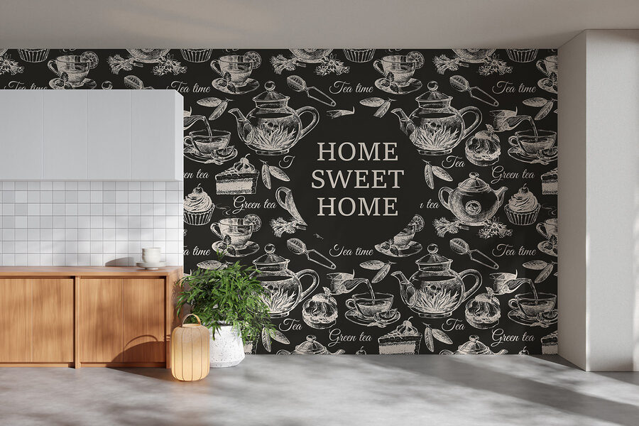 Papel pintado con teteras y tazas
