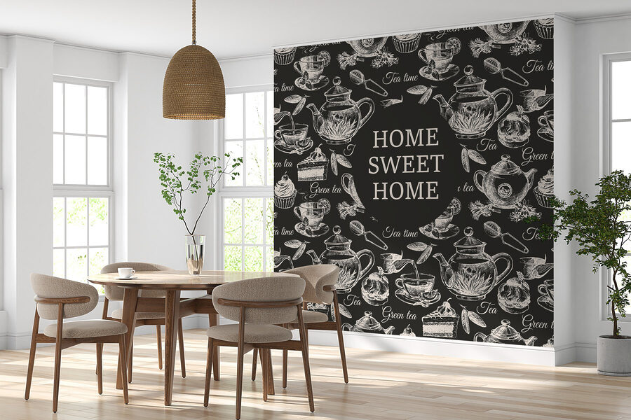 Papel pintado con teteras y tazas