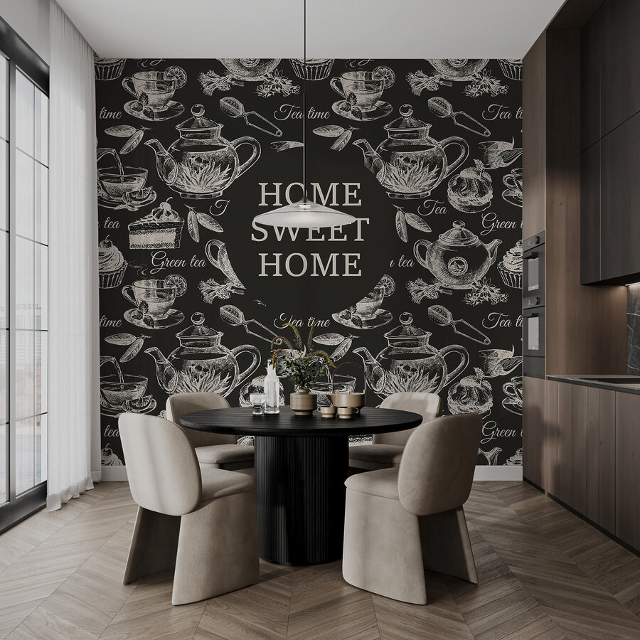 Papel pintado con teteras y tazas