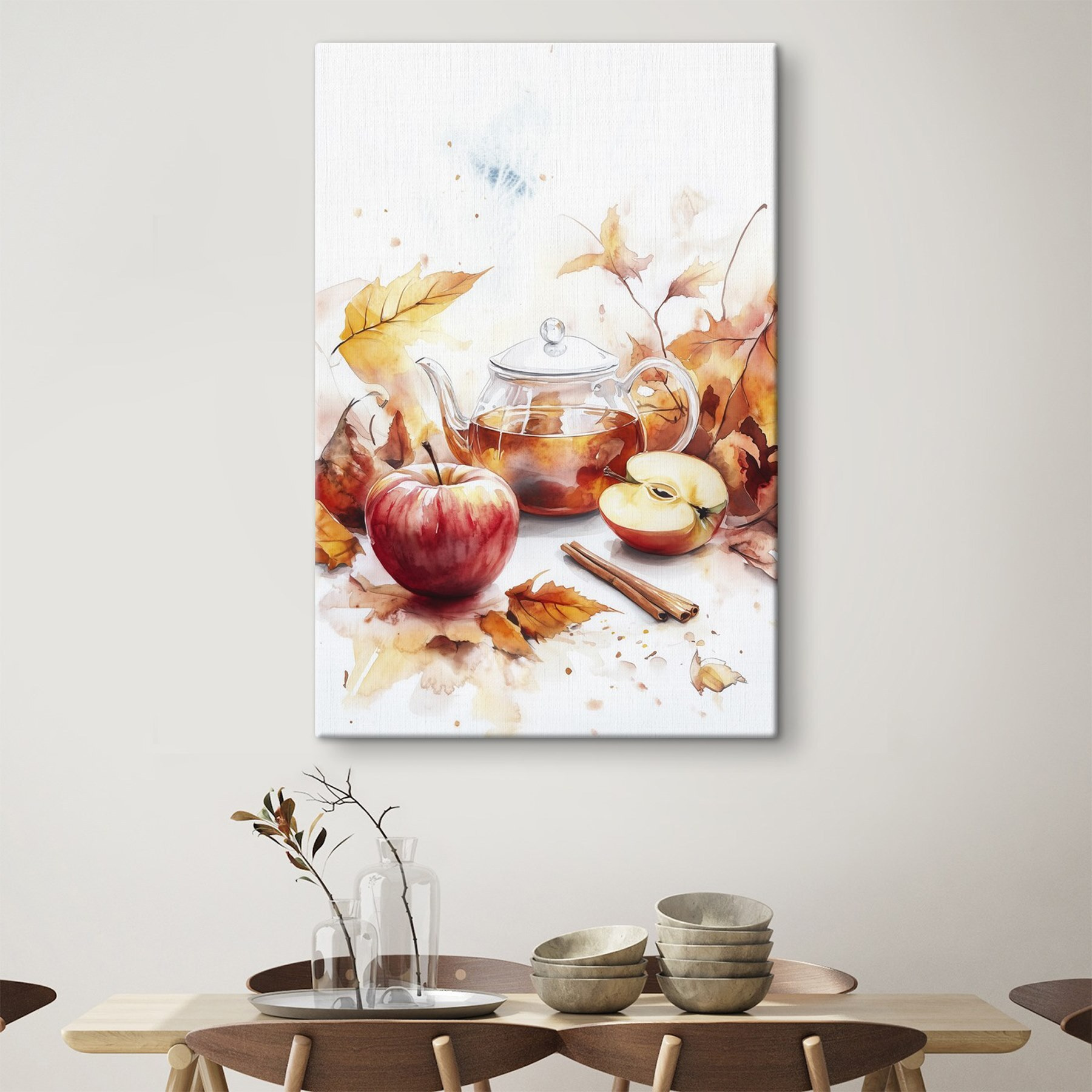 Watercolor painting of a teapot and apples Watercolor painting of a teapot and apples