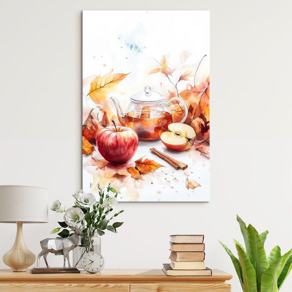 Watercolor painting of a teapot and apples Watercolor painting of a teapot and apples