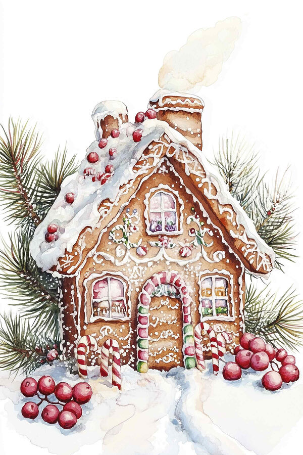 Gingerbread house with candy canes and pine branches
