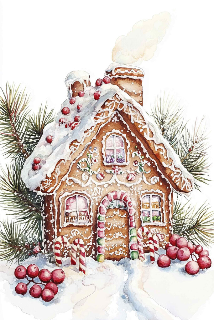 Gingerbread house with candy canes and pine branches