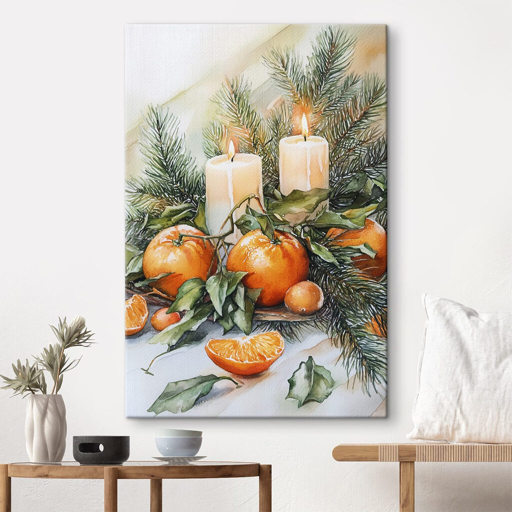 Watercolor painting of oranges and candles on a table