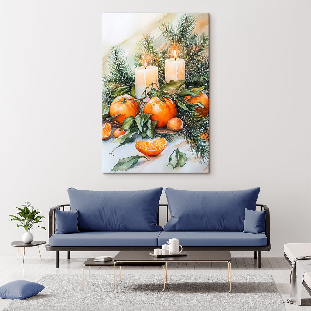 Watercolor painting of oranges and candles on a table