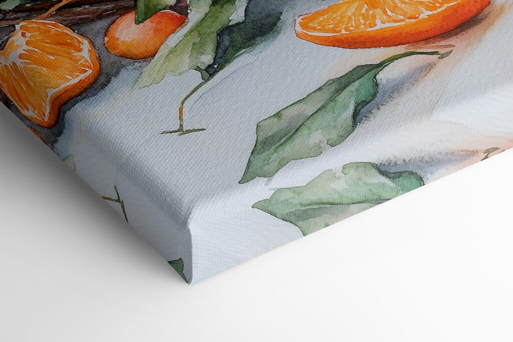 Watercolor painting of oranges and candles on a table