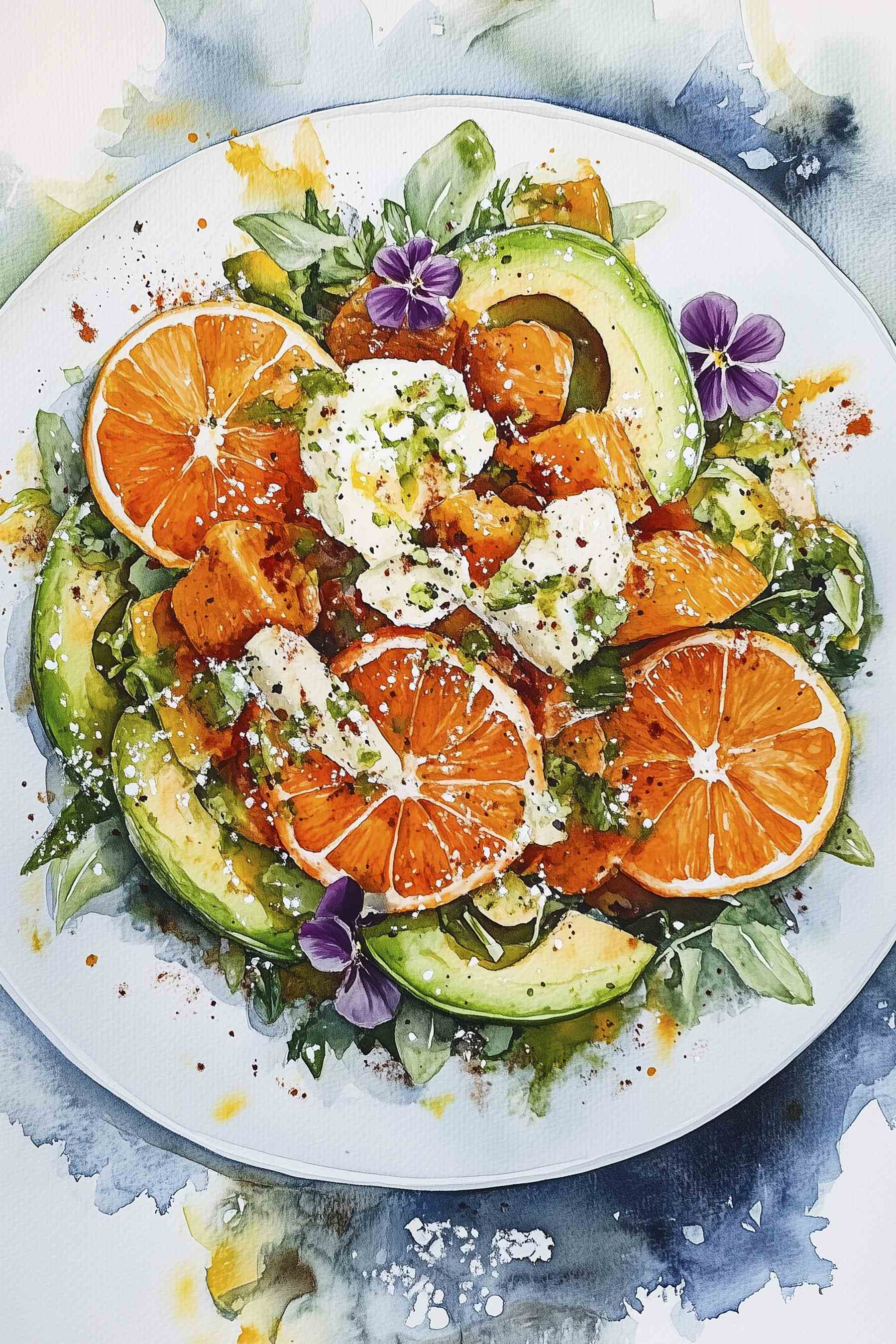 Plate of food with oranges and avocado Plate of food with oranges and avocado