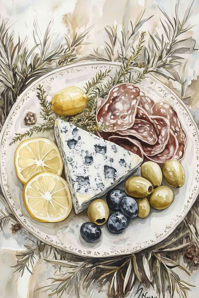 Plate of food with cheese and olives Plate of food with cheese and olives