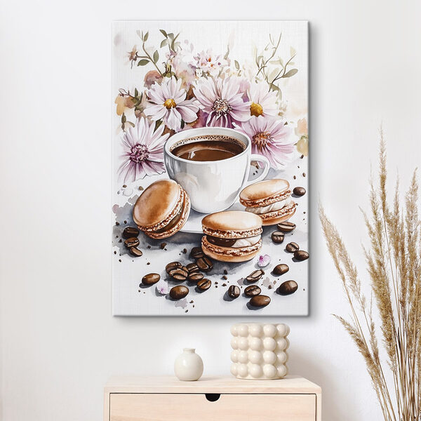 Watercolor painting of a cup of coffee and cookies