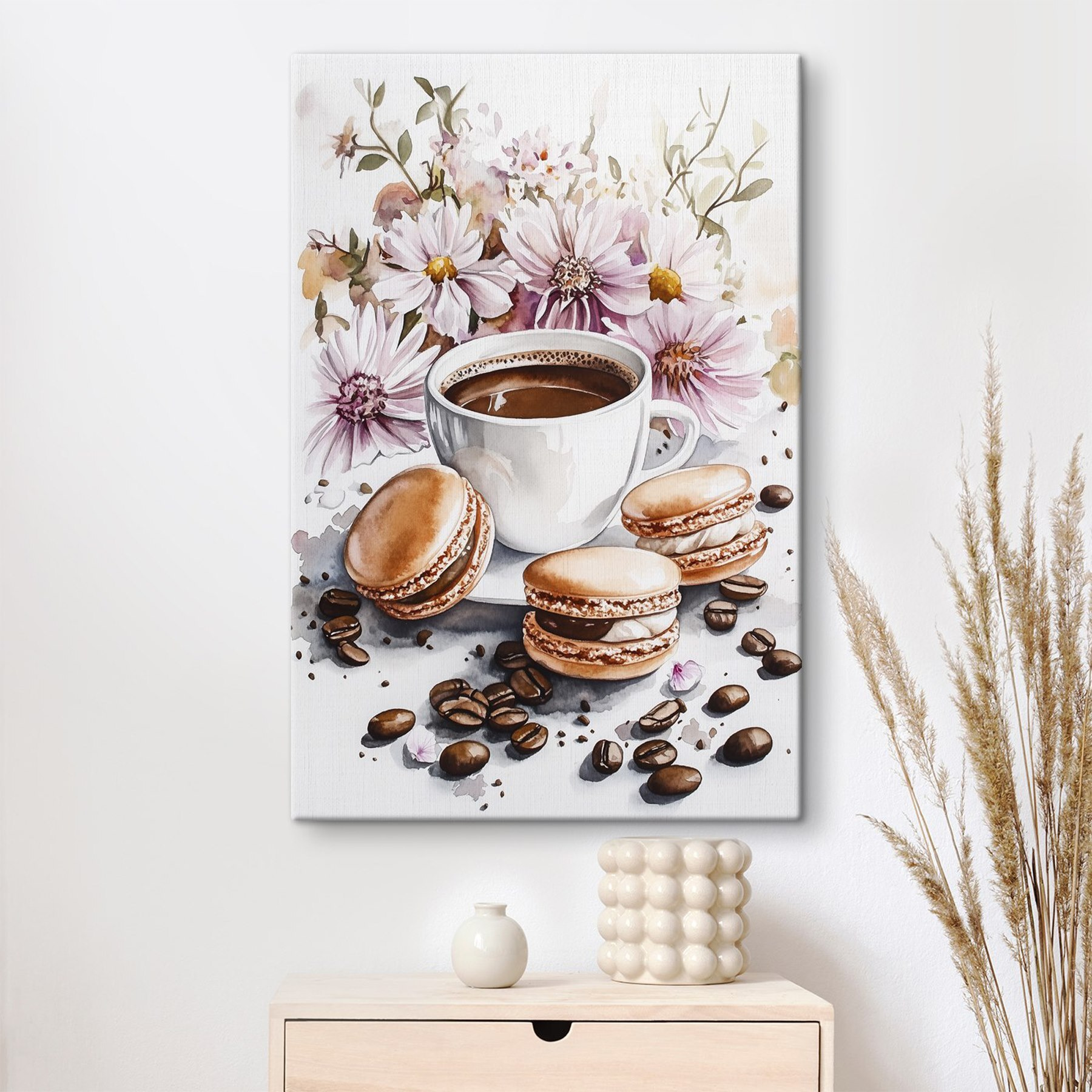 Watercolor painting of a cup of coffee and cookies