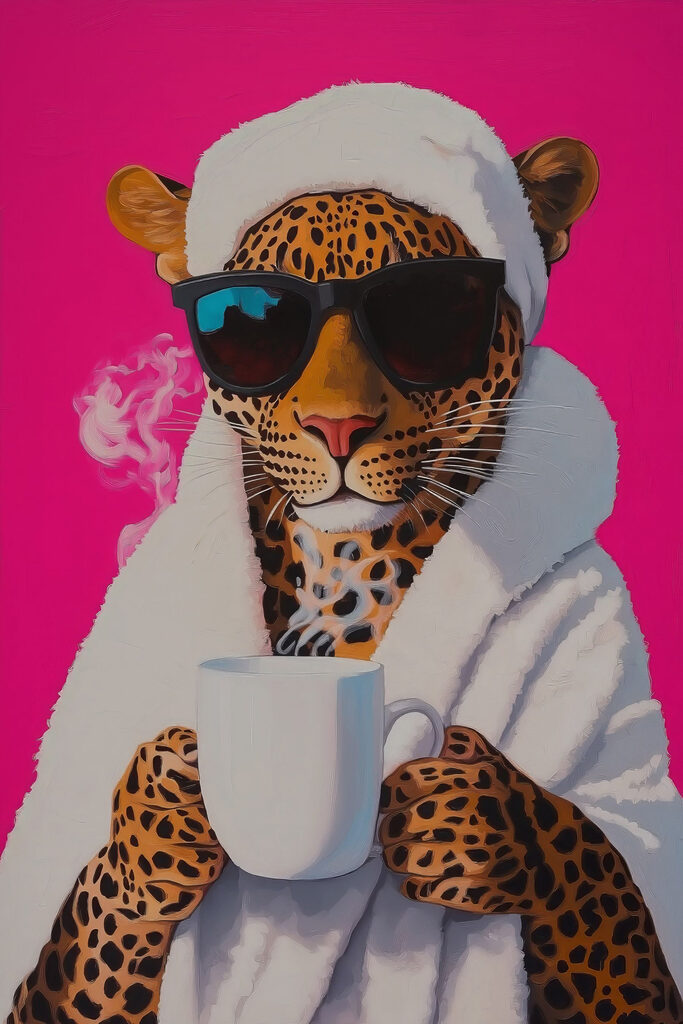 Painting of a leopard wearing a robe and sunglasses holding a cup Painting of a leopard wearing a robe and sunglasses holding a cup