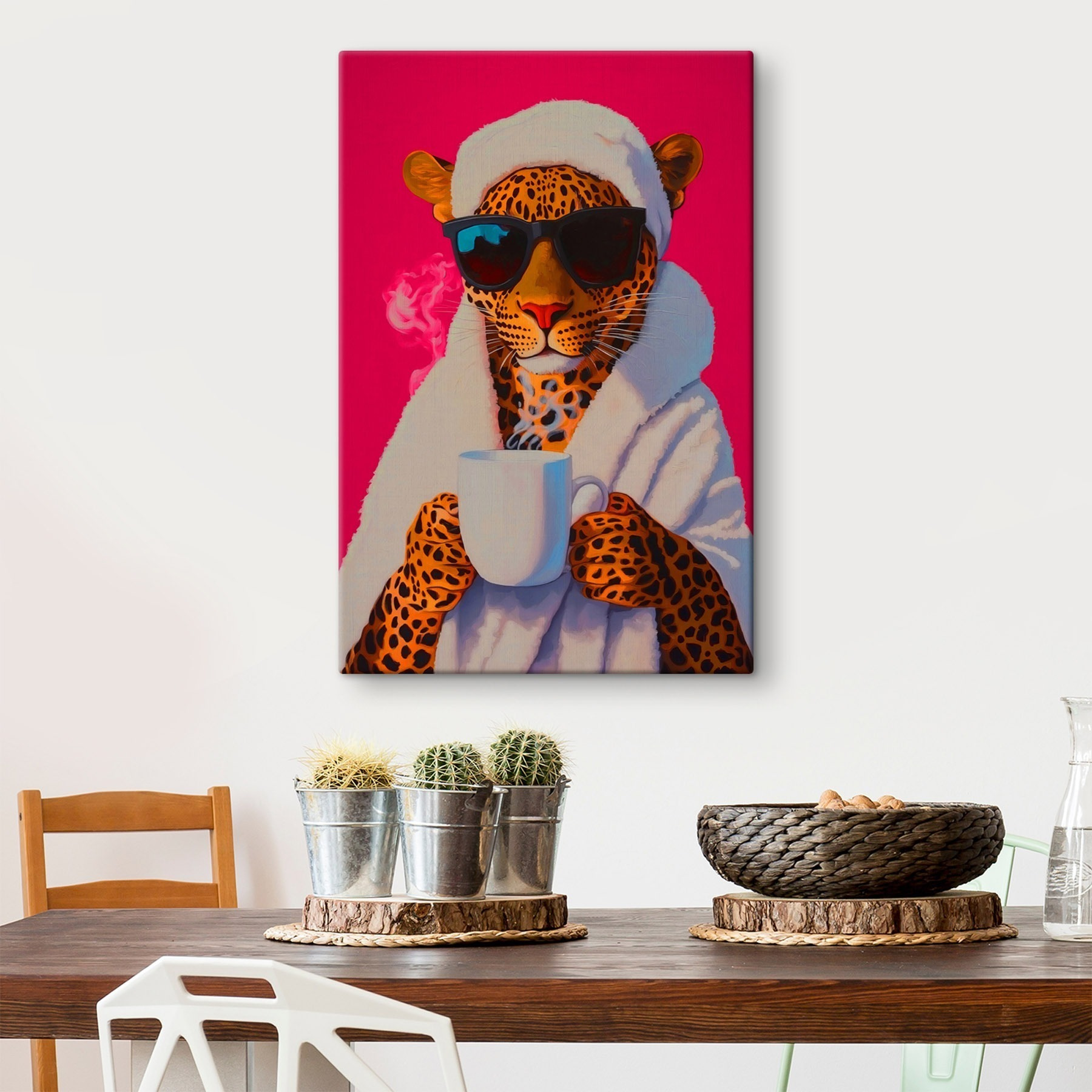 Painting of a leopard wearing a robe and sunglasses holding a cup Painting of a leopard wearing a robe and sunglasses holding a cup