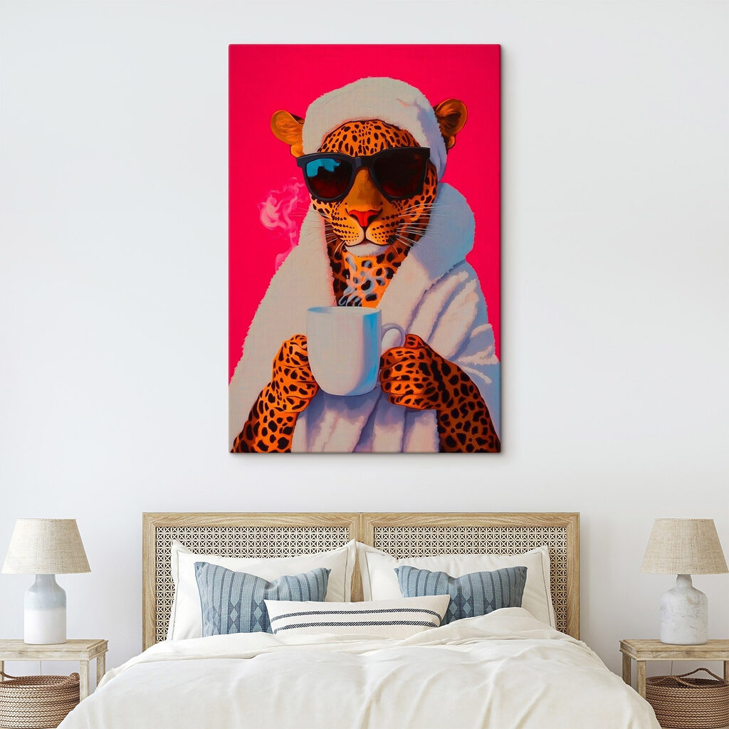 Painting of a leopard wearing a robe and sunglasses holding a cup Painting of a leopard wearing a robe and sunglasses holding a cup
