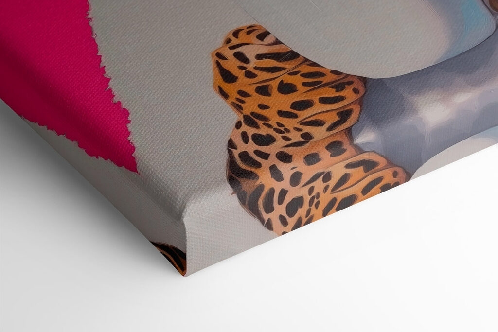 Painting of a leopard wearing a robe and sunglasses holding a cup Painting of a leopard wearing a robe and sunglasses holding a cup