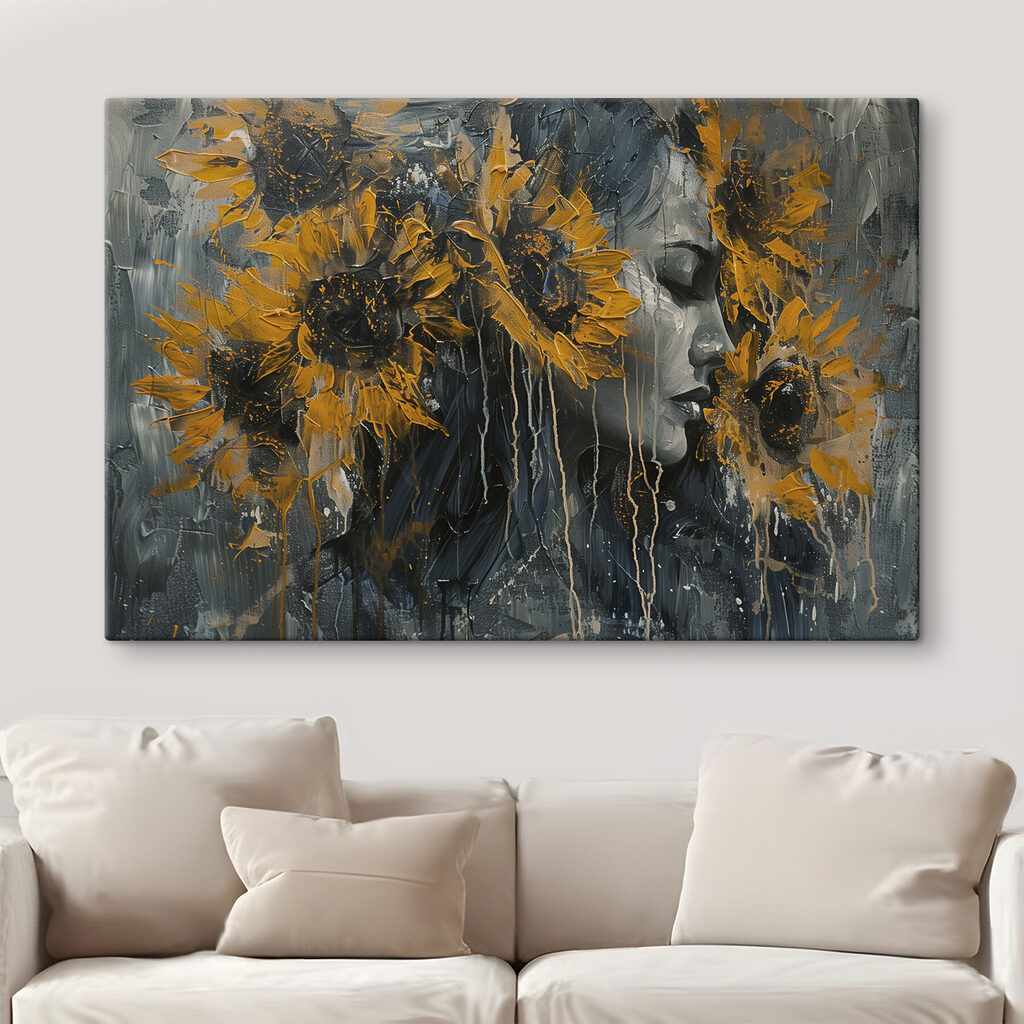 Painting of a woman with sunflowers