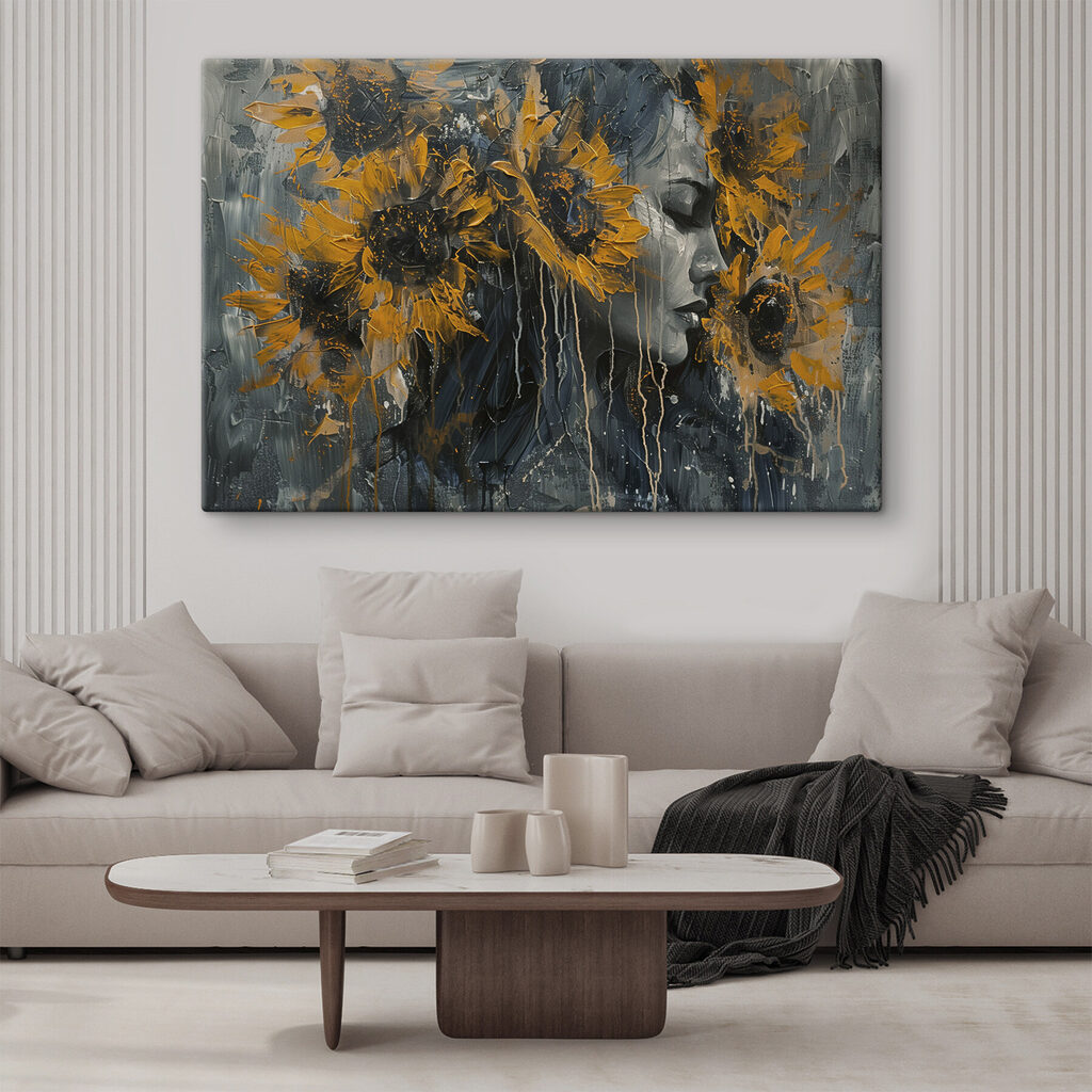 Painting of a woman with sunflowers
