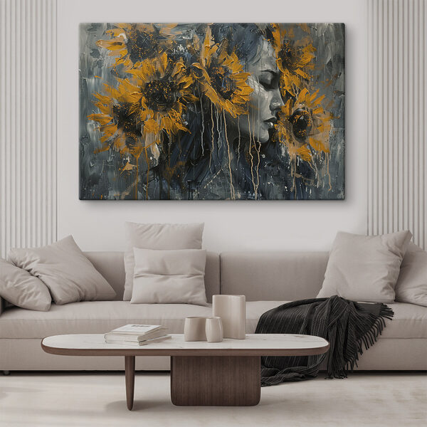 Painting of a woman with sunflowers