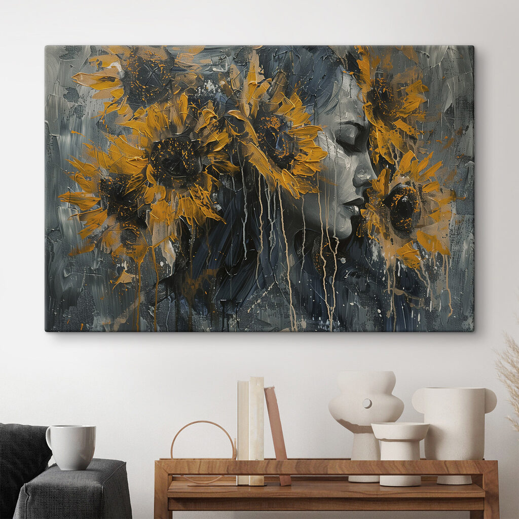 Painting of a woman with sunflowers
