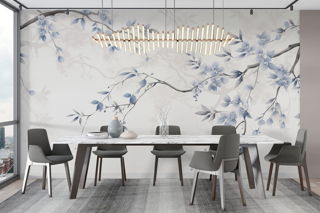 Branch with blue flowers and leaves Branch with blue flowers and leaves