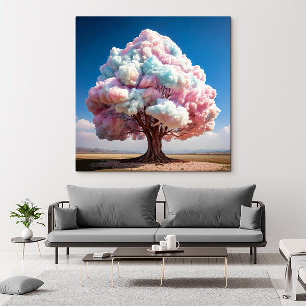 Tree with pink and blue clouds