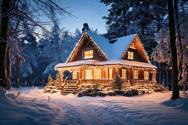 House with lights on it in the snow