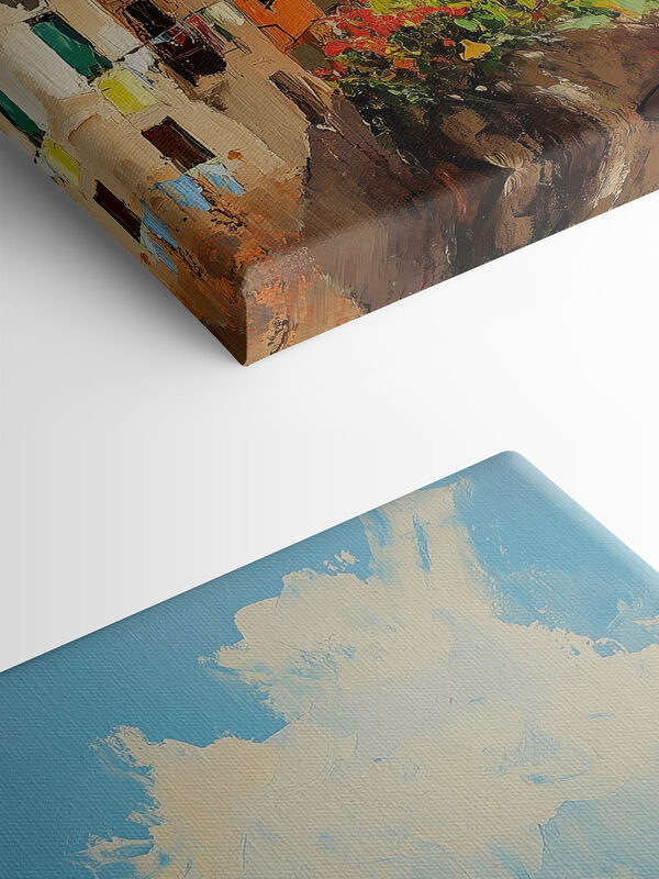 Painting of a colorful town on a cliff by the water Painting of a colorful town on a cliff by the water