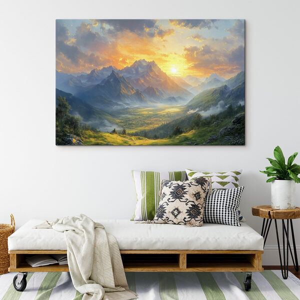Cuadros Paisaje de montañas y un valle con nubes y sol (SKU: s42004) Cuadros Cuadros Paisaje de montañas y un valle con nubes y sol (SKU: s42004)