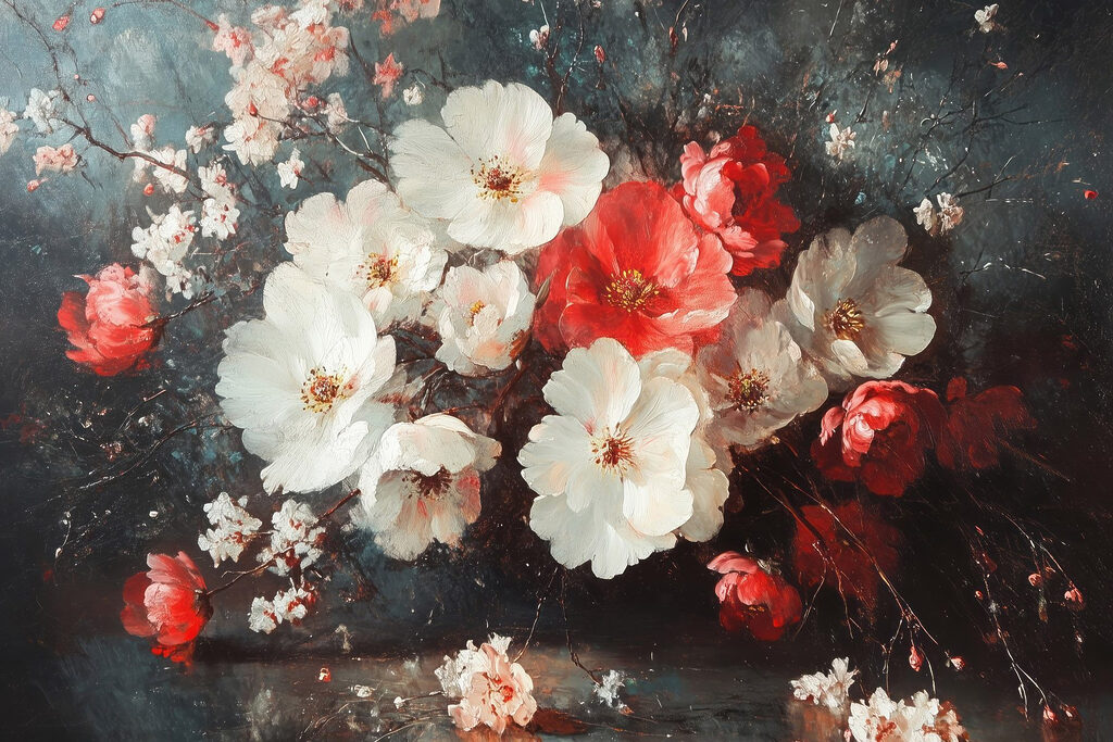 Painting of flowers on a table Painting of flowers on a table