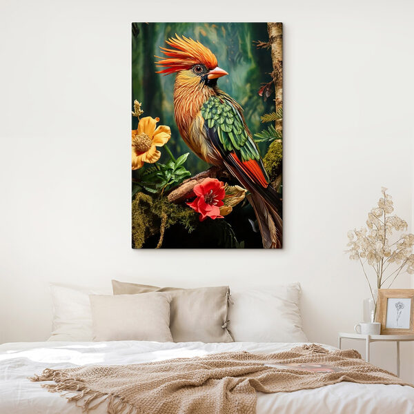 Colorful bird sitting on a branch with flowers Colorful bird sitting on a branch with flowers